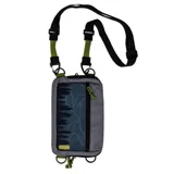 Morral bandolera gris con diseño estampado de árboles y cierre de cremallera.