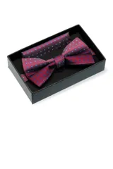 Conjunto de moña y pañuelo de bolsillo color borgoña con diseño de lunares azules.