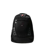 Mochila urbana de color negro con diseño ergonómico. Cuenta con múltiples compartimentos, bolsillos exteriores para acceso rápido y detalles en rojo. Incluye logo frontal con la bandera suiza.