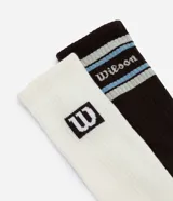 Kit de dos pares de medias deportivas de caña alta marca Wilson. Un par es de color blanco con logo negro y el otro es de color marrón con rayas horizontales celestes y blancas y logo bordado. Cuentan con tejido acanalado en la caña para un mejor ajuste.