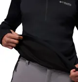 Buzo deportivo Columbia Titanium de media cremallera, color negro, con mangas largas y orificios para los pulgares en los puños. Cuenta con tecnología Omni-Wick para absorción de humedad y protección solar Omni-Shade UPF 50.