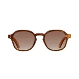 Lentes de sol con montura redonda de madera color marrón claro con diseño de vetas. Lentes color marrón degradado y patillas de madera color marrón claro.