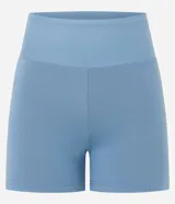 Short deportivo de tiro alto en color celeste, confeccionado en microfibra de poliamida con elastano, de diseño ajustado y elástico.