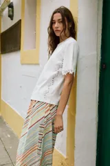 Camiseta blanca de manga corta y cuello redondo, confeccionada en hilatura de algodón con detalle de aplicación de encaje a tono en las mangas y los laterales.