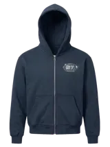 Campera con capucha y cierre frontal de color azul marino, con bolsillos tipo canguro y estampado plateado en el pecho que incluye un diseño de globo terráqueo y el número 27.