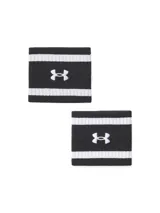 Par de muñequeras deportivas Under Armour, confeccionadas en tejido de rizo ligero y elástico. Diseño en color negro con franjas blancas horizontales y logo bordado en el centro.