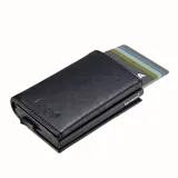 Billetera tarjetero Terrano color negro con mecanismo de acceso rápido a tarjetas y tecnología de bloqueo RFID.