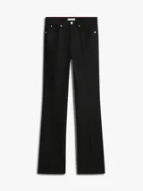 Jeans denim negros de talle alto y corte bootcut, con diseño clásico de cinco bolsillos, cierre de cremallera y botón, y detalles distintivos de Tommy Hilfiger.