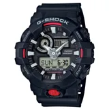 Reloj deportivo Casio G-Shock modelo GA700-1ADR, con caja y correa de resina negra, esfera analógica y digital con detalles en gris y rojo.