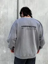 Buzo gris de corte oversize con cuello redondo y puños ajustados. Estampado en la espalda con la palabra "UNEXPECTED" y la frase "JOIN THE ROAD - POWER CONNECTION".