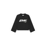 Remera manga larga de color negro con cuello redondo y estampado gráfico blanco en el pecho con el logotipo "EME" y texto descriptivo.