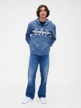 Canguro con cierre frontal y capucha, color azul, con el logo de la marca estampado en el pecho sobre una franja horizontal.