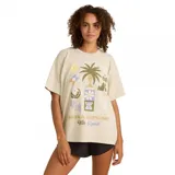 Remera beige de corte amplio con estampado de motivos playeros y la frase "Seek & Explore With Roark".