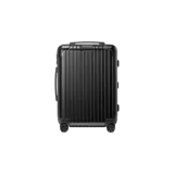 Valija de cabina Rimowa Essential en color negro mate, con diseño ranurado característico, cuatro ruedas dobles y asa telescópica.