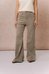 Pantalón de jean color arena con silueta wide leg, tiro medio-alto y costuras verticales delanteras que estilizan la figura. Cuenta con bolsillos funcionales y cierre frontal con doble botón.