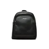 Mochila negra de cuero sintético con doble compartimento con cierre y asa superior.