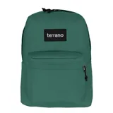 Mochila clásica de color verde con compartimento principal y bolsillo frontal con cierre. Incluye bolsillos laterales, compartimento interno para notebook y etiqueta frontal con la marca 'Terrano'.