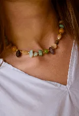 Collar corto de piedras naturales de múltiples colores y formas irregulares intercaladas con pequeñas cuentas metálicas.
