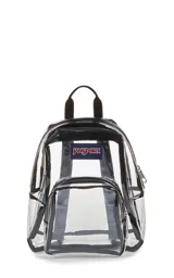 Mochila JanSport modelo Clear Mini Pack, transparente con ribetes y detalles en negro. Presenta un compartimento principal y un bolsillo frontal con cierre, además de un asa superior.