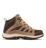 Bota de trekking Columbia modelo Crestwood Mid Waterproof, color marrón con detalles en rosa. Confeccionada con una combinación de cuero y malla, cuenta con tecnología impermeable Omni-Tech, entresuela TechLite para amortiguación y suela Omni-Grip para tracción en diversos terrenos.