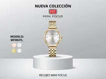 Reloj de pulsera Mini Focus modelo MF0047L para mujer, con caja y pulsera doradas de acero inoxidable, esfera plateada con indicadores de hora con cristales y movimiento de cuarzo japonés. Resistente al agua hasta 30 metros.