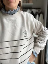 Cuellito y puños de camisa a rayas celestes y blancas con volados.