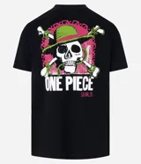 Remera negra de algodón con estampado en la espalda de la calavera con sombrero de paja de One Piece.