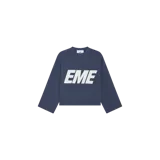 Sweater de punto color azul marino con diseño holgado, cuello redondo y la palabra "EME" estampada en grande de color blanco en el frente.