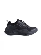Championes de trail running Scandinavian modelo Wellspring, color negro. Presentan una capellada de malla textil respirable con refuerzos sintéticos, sistema de ajuste rápido con cordones elásticos y una suela robusta con diseño geométrico para mayor tracción.