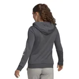 Campera Adidas Essentials de mujer color gris con cierre frontal y capucha con cordón ajustable. Logo de Adidas estampado en el pecho y letras verticales en la manga izquierda.