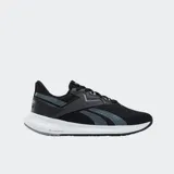 Championes Reebok Energen Plus 2 para mujer, color negro con detalles en gris oscuro y entresuela blanca con tecnología FuelFoam. Presentan una parte superior de malla transpirable y cierre de cordones.