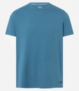 Remera deportiva de hombre con tecnología dry fit, cuello redondo y manga corta. Presenta un diseño liso en color azul con una pequeña etiqueta aplicada en el dobladillo inferior.