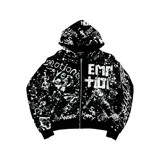 Campera con capucha y cierre frontal modelo Mixed Emotion, de color negro con estampado estilo graffiti y efecto salpicado en color blanco, corte boxy fit.