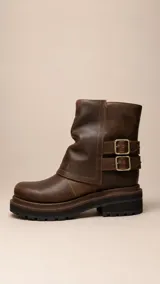 Bota de caña media confeccionada en cuero marrón con acabado desgastado. Presenta un diseño de solapa lateral con dos correas ajustables con hebillas metálicas y suela de goma dentada con plataforma.