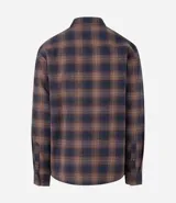 Camisa de manga larga confeccionada en franela de algodón, con diseño de cuadros en tonos marrones y azul marino. Presenta cuello inglés, cierre frontal con botones y dos bolsillos con solapa en el pecho.