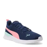 Championes deportivos Puma Anzarun Lite, confeccionados en malla textil azul marino con detalles en rosa y verde agua. Presentan el logo de la marca en el lateral y en la puntera, con suela blanca de espuma EVA.