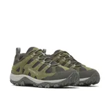 Championes de trekking Merrell modelo Accentor 4, color verde militar, confeccionados con gamuza y malla transpirable, ideales para actividades al aire libre y senderismo.