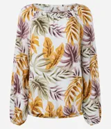 Blusa de viscosa con estampado de follajes en tonos tierra, escote bote y mangas largas abullonadas con puños elásticos.
