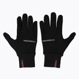 Guantes deportivos negros de la marca Merrell, diseñados para actividades al aire libre. Presentan un ajuste elástico en la muñeca con una etiqueta pequeña con el logo de la marca en color naranja y el nombre de la marca estampado en color gris en el dorso.