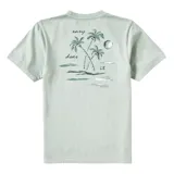 Remera verde de manga corta con cuello redondo y estampado en el pecho de palmeras y la frase 'easy does it'.