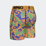 Calzoncillos bóxer de hombre PSD con estampado de boca de monstruo con camuflaje en tonos naranja, azul y verde.