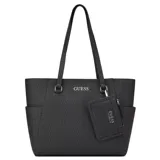 Cartera tipo shopper Guess modelo Granby, color negro con estampado monograma de la marca. Cuenta con doble asa de hombro, cierre superior y un monedero pequeño extraíble con logo metálico plateado.