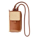 Billetera portacelular Rip Curl de cuero sintético marrón y tejido tipo rafia beige, con correa larga para colgar al cuello y cierre perimetral.