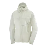 Campera cortavientos de mujer Salomon Sense Aero Wind, ultraligera y transpirable, color blanco semitransparente, con capucha y cierre frontal completo.