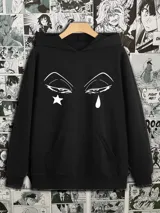 Canguro negro con capucha y bolsillo delantero, con estampado de ojos de Hisoka de Hunter x Hunter.