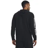 Buzo Under Armour de hombre, color negro, con capucha y cordones ajustables. Presenta el logo de Project Rock en el pecho y la inscripción "Project Rock" en la manga izquierda.