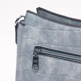 Bandolera color celeste con textura símil cocodrilo, diseño estructurado y correa ajustable desmontable.