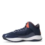 Championes de básquetbol Topper modelo Basket Block, de caña media, color azul marino con detalles en coral. Presentan una textura de panal en los laterales, refuerzos de charol en la puntera y talón, y suela de goma blanca con entresuela amortiguada.