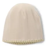 Gorro de punto con diseño de trenzas, color beige con detalles en amarillo neón. Cuenta con un pompón superior, borde doblado y forro interior de micropolar. Incluye una etiqueta de cuero con el logo de la marca en el lateral.