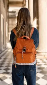 Mochila de nylon color naranja, con tapa superior y cierre de broche, bolsillo frontal con cierre y bolsillos laterales. Incluye correas regulables para la espalda y asa de mano.